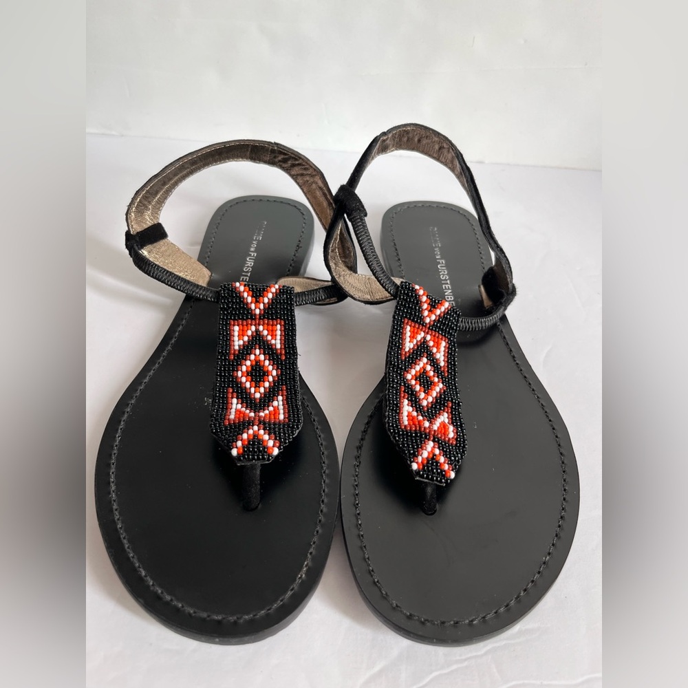 DVF Diane Von Furstenberg Beaded Sandals Black Leather‎ Thongs Shoes Boho Size 6